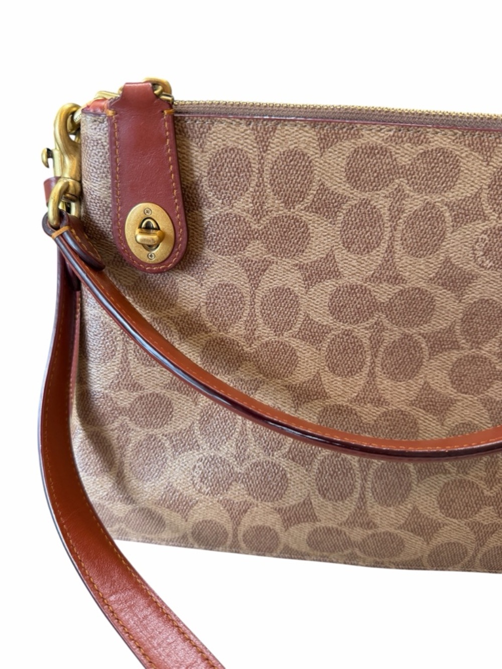 Coach Signature Monogram Double Zip Crossbody Shoulder Bag Brown Leather Trim - Picture 13 of 16